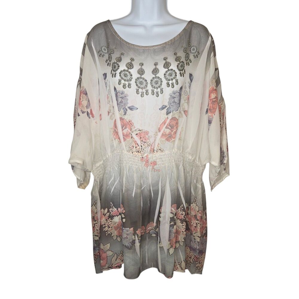 Cal Style Boho Floral Sheer Chiffon Smocked Waist Blouse Top Plus Size 3XL